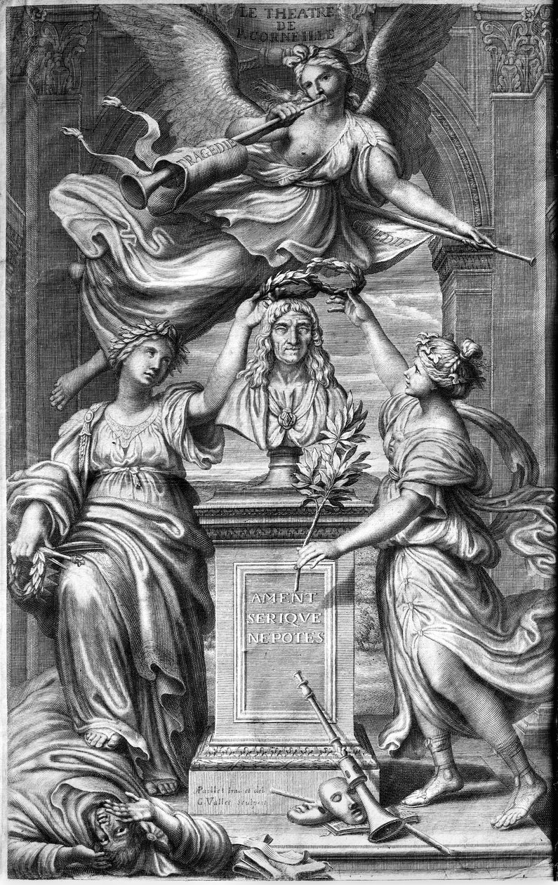 Guillaume Vallet (1632-1704) által metszett, 1664-ben megjelent Le Theatre de P. Corneille kiadásának címlapképe (fekete-fehér fotó). alkotó: Antoine Paillet