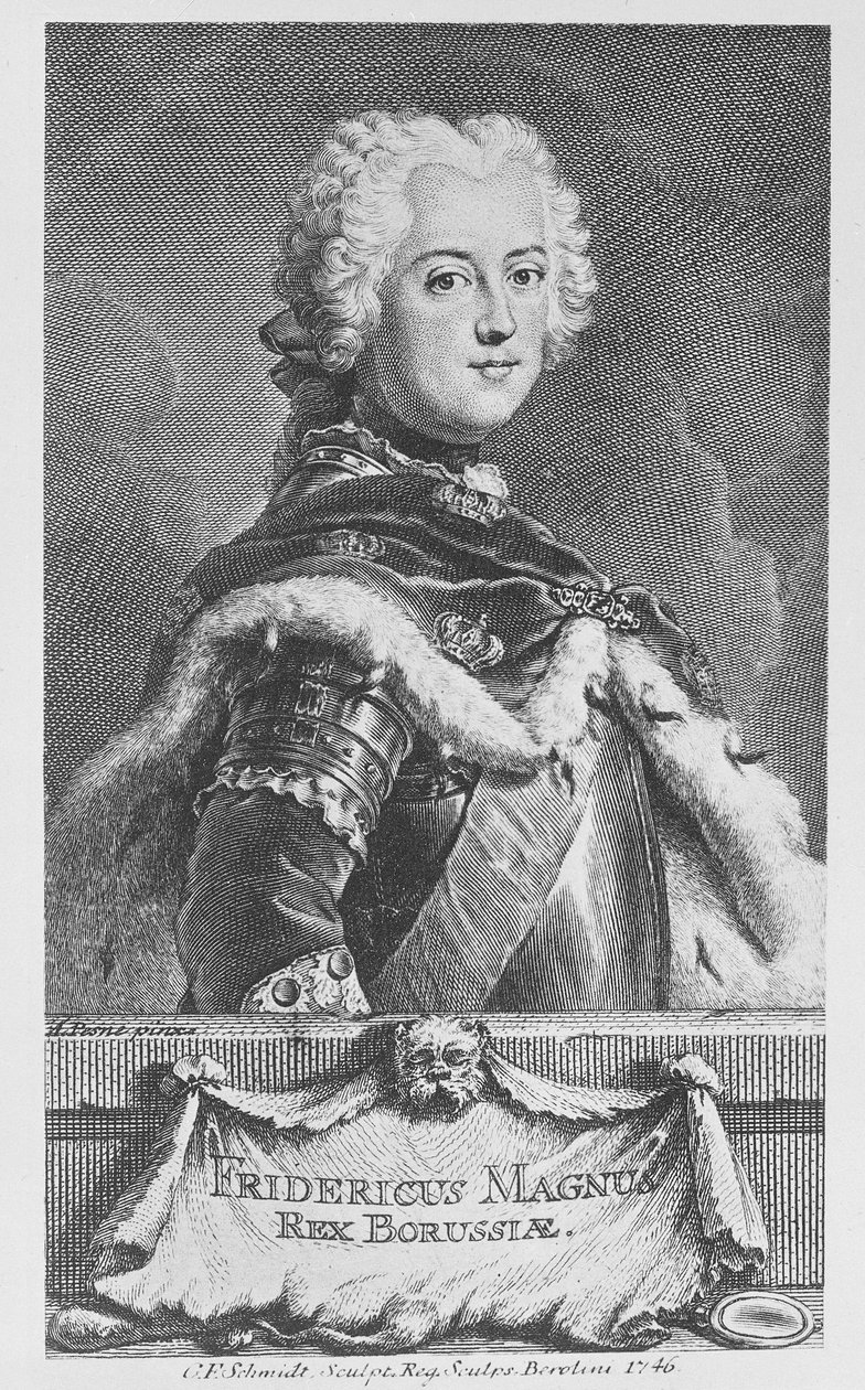 II. Friedrich porosz király, Georg Friedrich Schmidt metszete, 1746 alkotó: Antoine Pesne