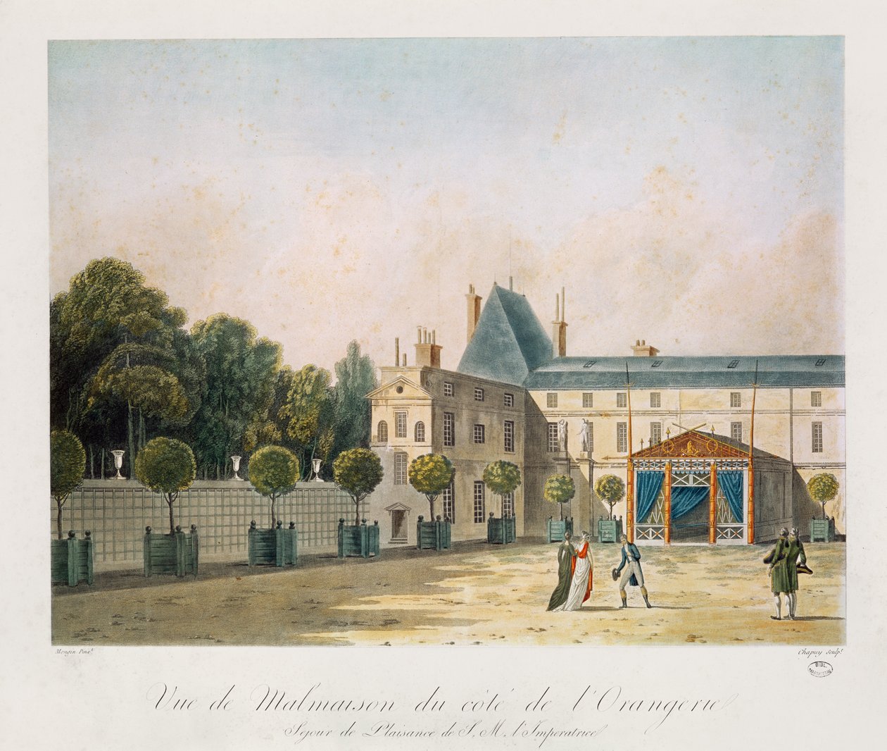 Malmaison kilátása a narancsházból, Nicolas Chapuy metszete, 1810-es évek alkotó: Antoine Pierre Mongin