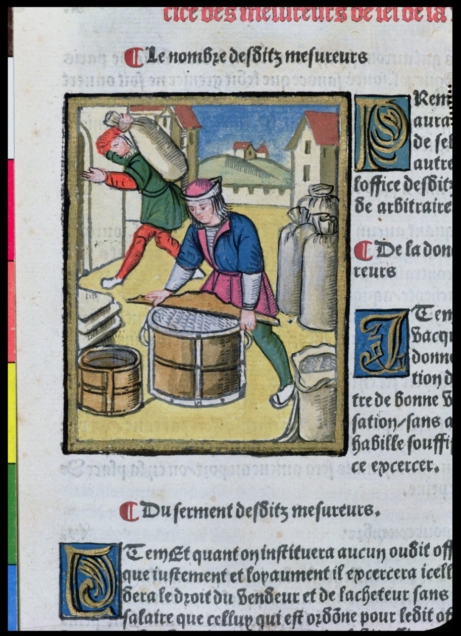 Só mérése, az „Ordonnances Royaux de la Juridiction de la Prevote des Marchands de la Ville de Paris”-ból, 1528 (wc und gouache papíron) alkotó: Antoine Verard