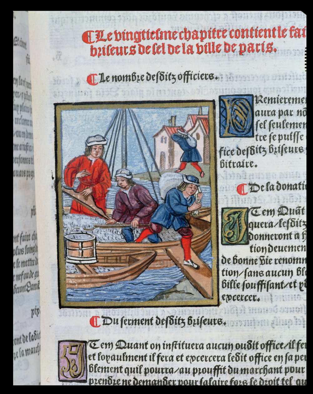 A só mérése és szállítása, a "Ordonnances Royaux de la Juridiction de la Prevote des Marchands de la Ville de Paris" című kötetből, 1528 (wc és gouache, papír) alkotó: Antoine Verard