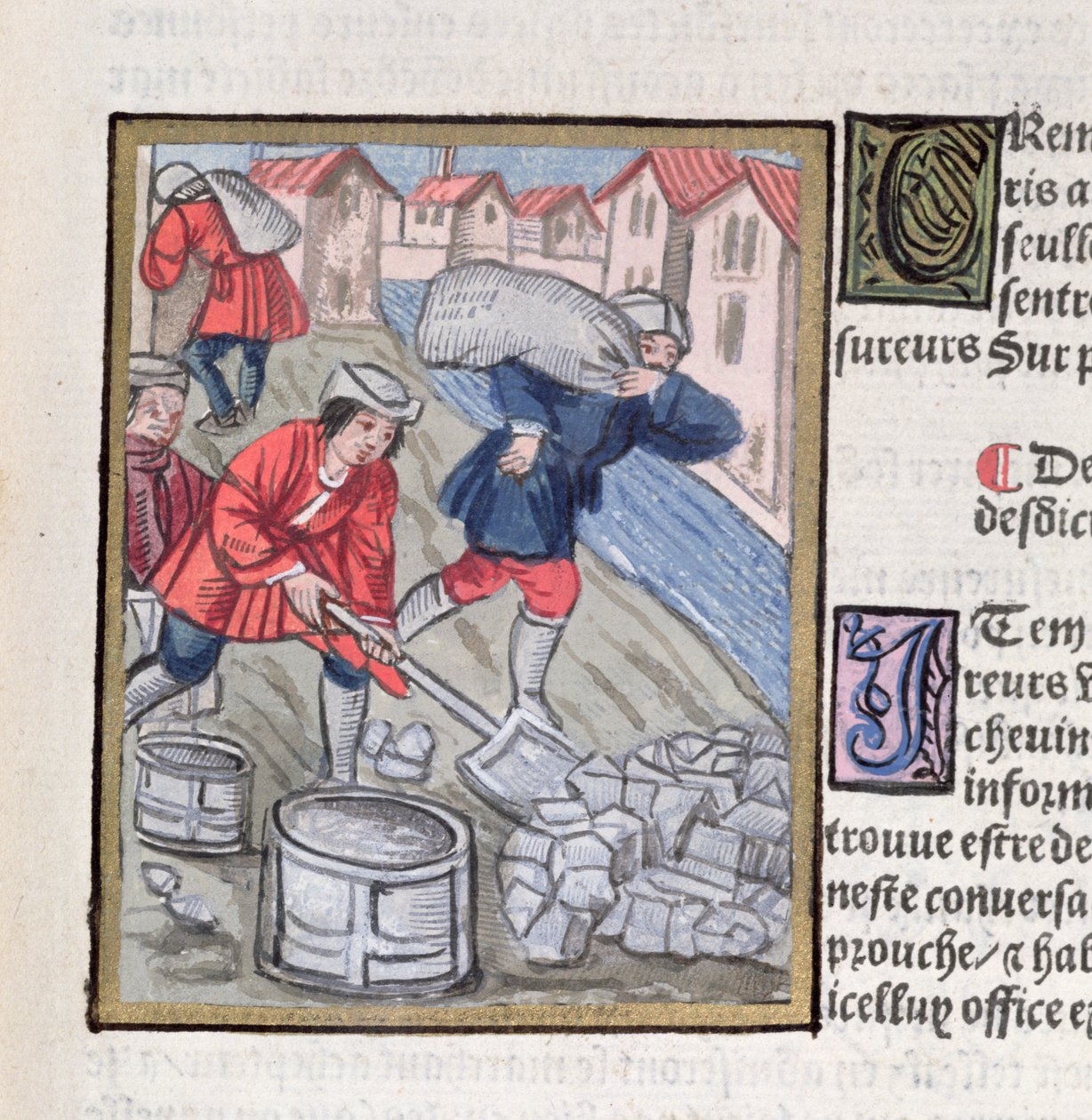 A szén mérése és szállítása, a "Ordonnances Royaux de la Juridiction de la Prevote des Marchands de la Ville de Paris" című dokumentumból, 1528 (wc és gouache, papír). alkotó: Antoine Verard
