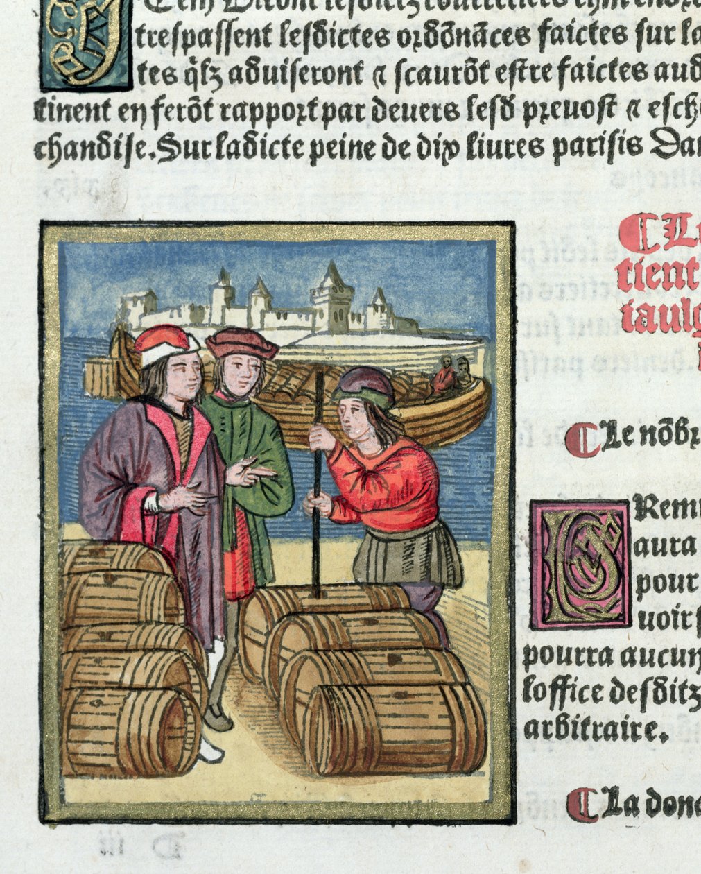 A bor mértéke és szállítása az „Ordonnances Royaux de la Juridiction de la Prevote des Marchands de la Ville de Paris”-ból, 1528 (wc és gouache papíron) alkotó: Antoine Verard