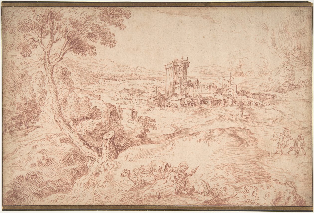 Táj egy orsót tartó öregasszonnyal alkotó: Jean Antoine Watteau