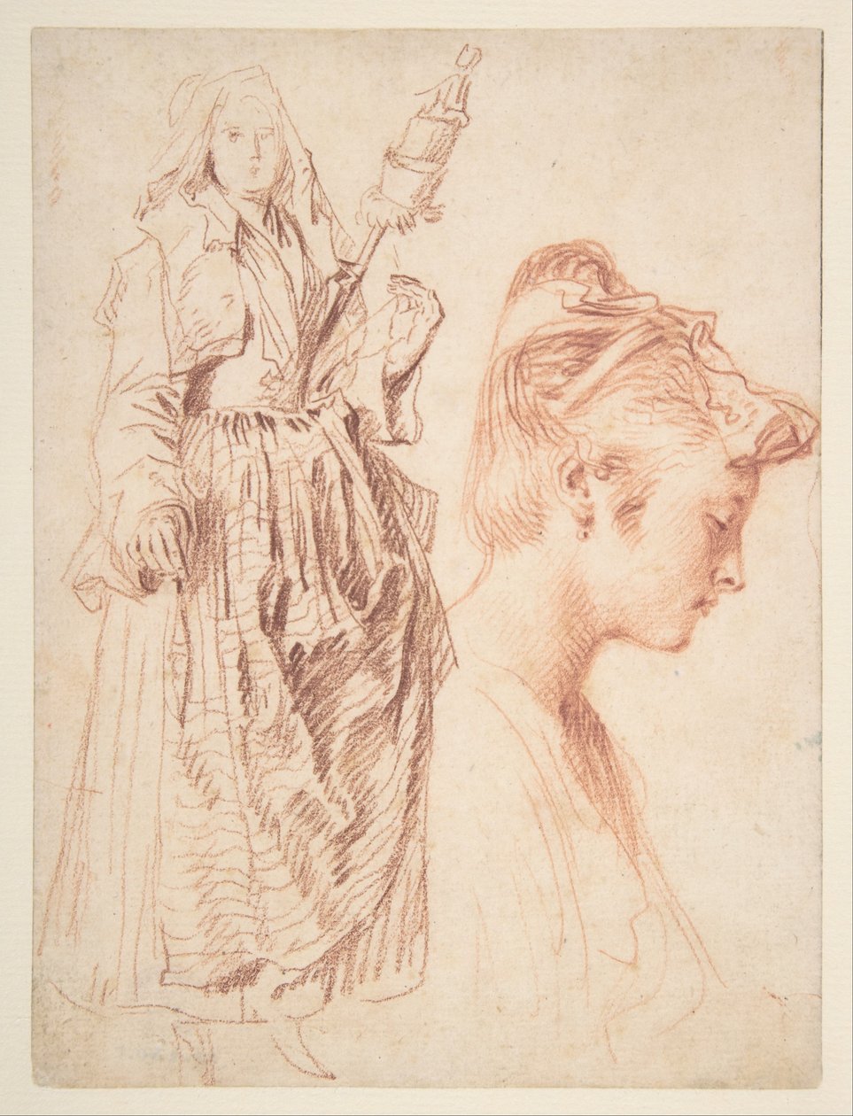 Álló nő orsót tart, és egy nő feje profilban jobbra alkotó: Jean Antoine Watteau