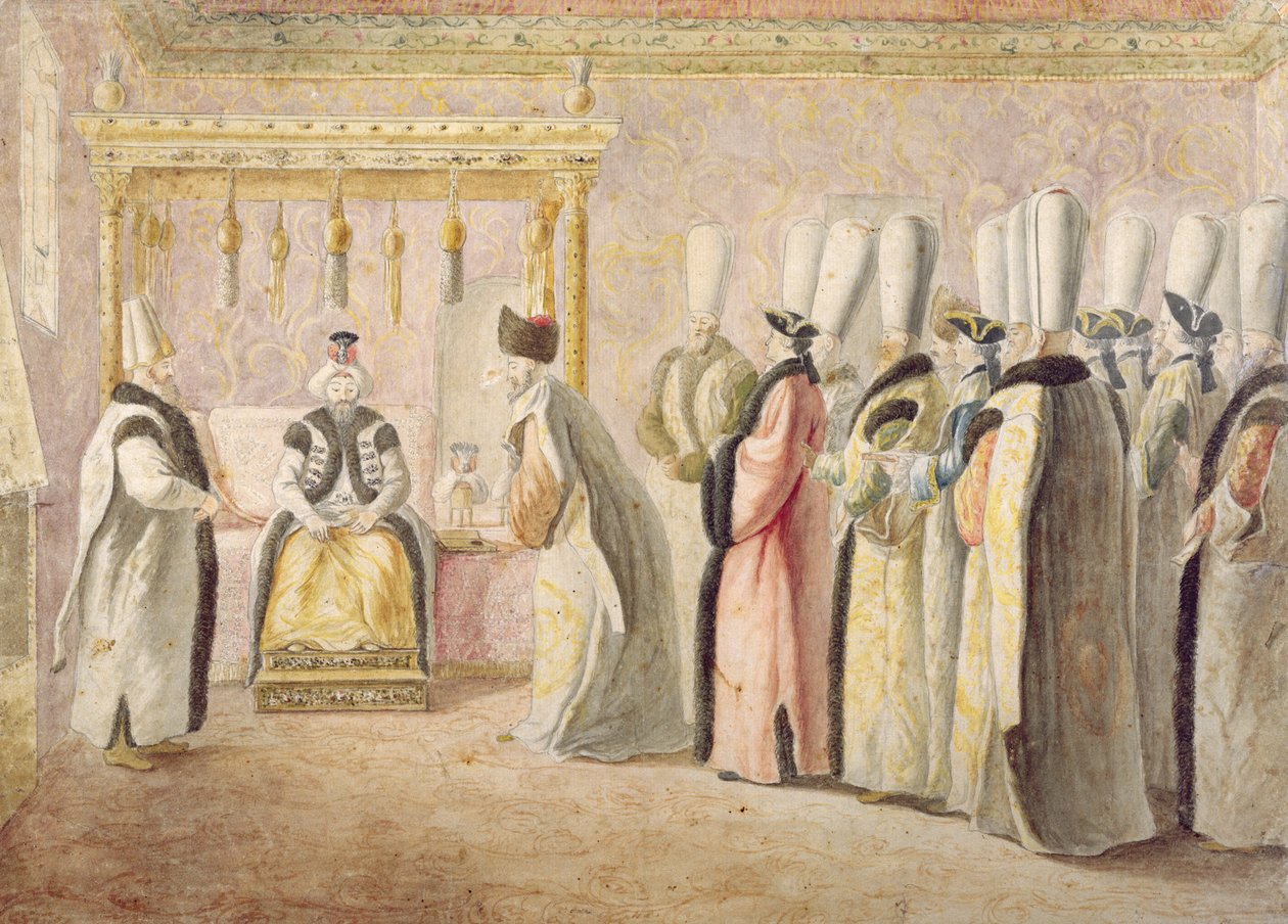 Charles Gravier francia nagykövet (1717-87), Vergennes gróf búcsúztatója III. Musztafa szultánnal (1717-74) Konstantinápolyban 1768. december 17-én. alkotó: Antoine de Favray