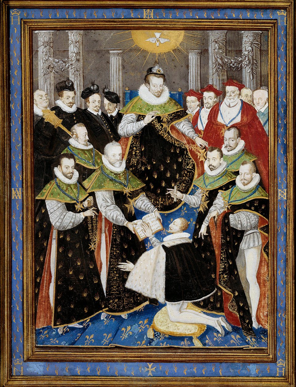 III. Henrik király (1551-1589) a Szentlélek Rendjének (Szentlélek rendjének) első szertartásának elnöke 1587-ben William Richardiere (16. század) miniatúrája Antoine Caron (1521-1599) nyomán 1587 Chantilly, Musee Conde - III. Henrik király (15 alkotó: Antoine (after) Caron