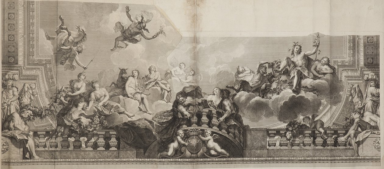 A Palais Royal Nagygaléria mennyezeti középső paneljének terve, metszett Nicolas Henri Tardieu (1674-1749) alkotó: Antoine (after) Coypel