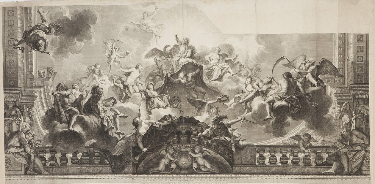 A Palais Royal Nagygaléria mennyezeti középső paneljének terve, metszett Nicolas Henri Tardieu (1674-1749) alkotó: Antoine (after) Coypel