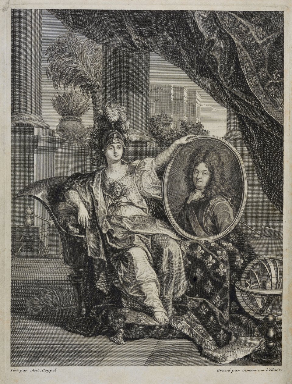 XIV. Lajos francia király, a tudomány védelmezője – Antoine Coypel metszet A Királyi Tudományos Akadémia története, 1703. alkotó: Antoine (after) Coypel