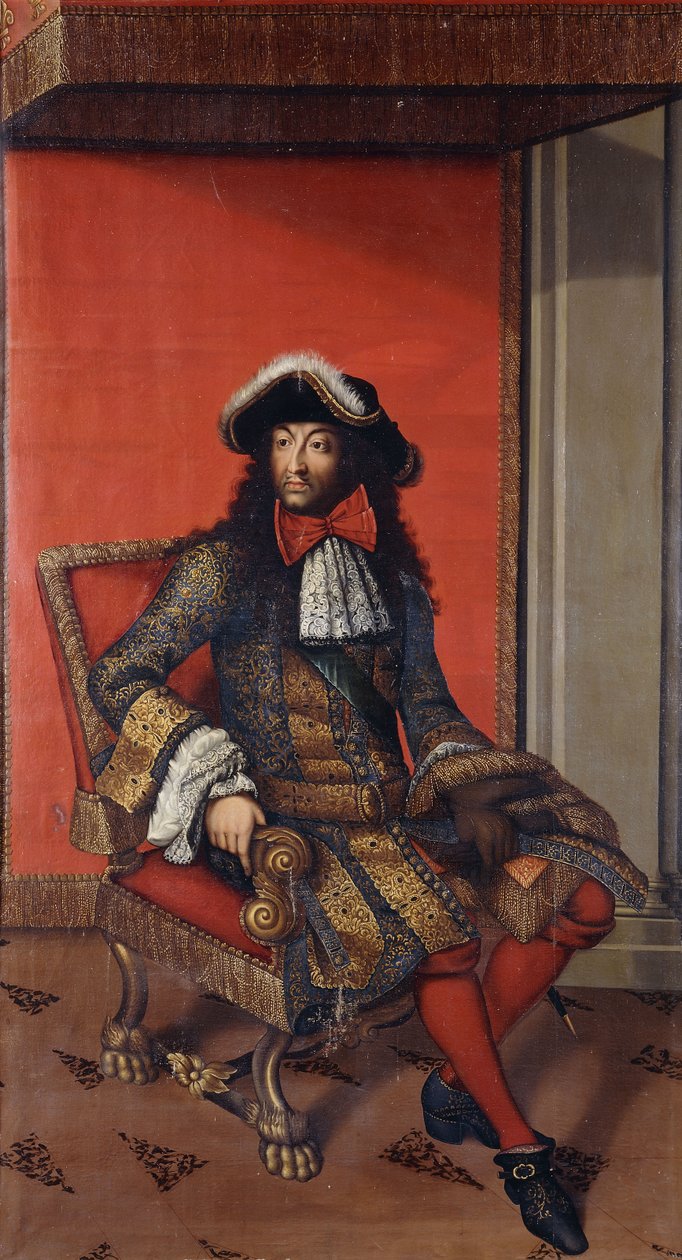 XIV. Lajos király portréja, teljes hosszában ülve, hímzett kék-arany kabátban, fehér bordával, prémes kalappal, trónuson (olaj, vászon, béleletlen) alkotó: Antoine (after) Dieu