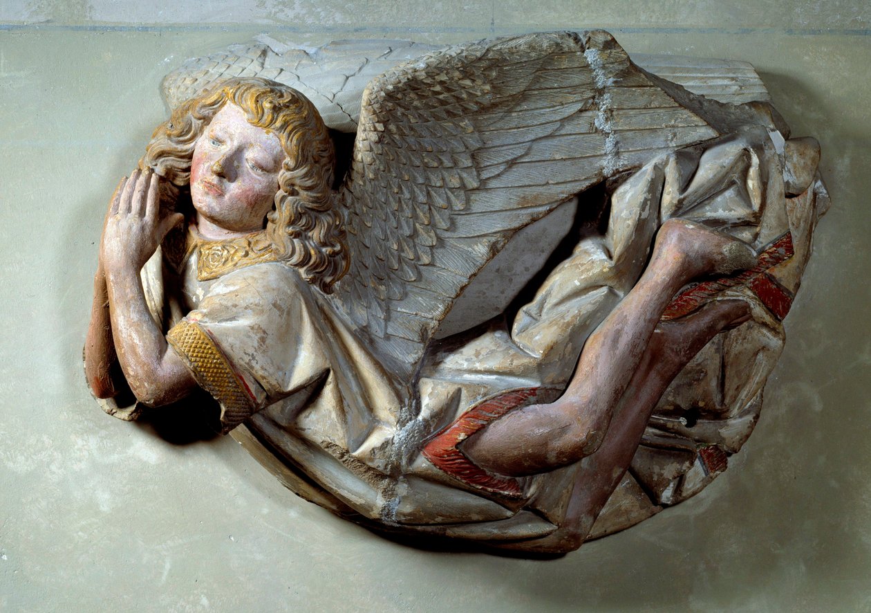 Repülő angyal A polikróm mészkőből készült dombormű Antoine the Moiturier (1425-1495) nevéhez fűződik, és a „Jaquotin Ogier és felesége, Pernette által felajánlott Mise au tombeau”-hoz készült. az auxois-i Semur-i Chapelles des Carmes-ból. 1490 kb. Nap. 0, alkotó: Antoine (attr. to) Le Moiturier
