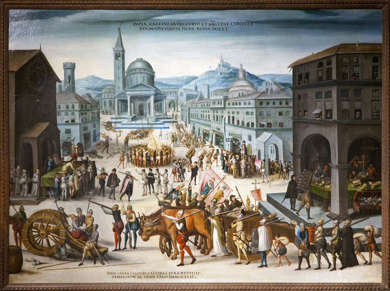 Sac de Lyon a reformátusok által 1562-ben. Protestáns ikonoklasztikus cselekmények a katolikus egyház vallási képeinek kultusza ellen. Az első vallásháború idején a des Adrets báró vezette reformok elfoglalták a városházát és Lyon város létfontosságú közpo alkotó: Antoine (school of) Caron