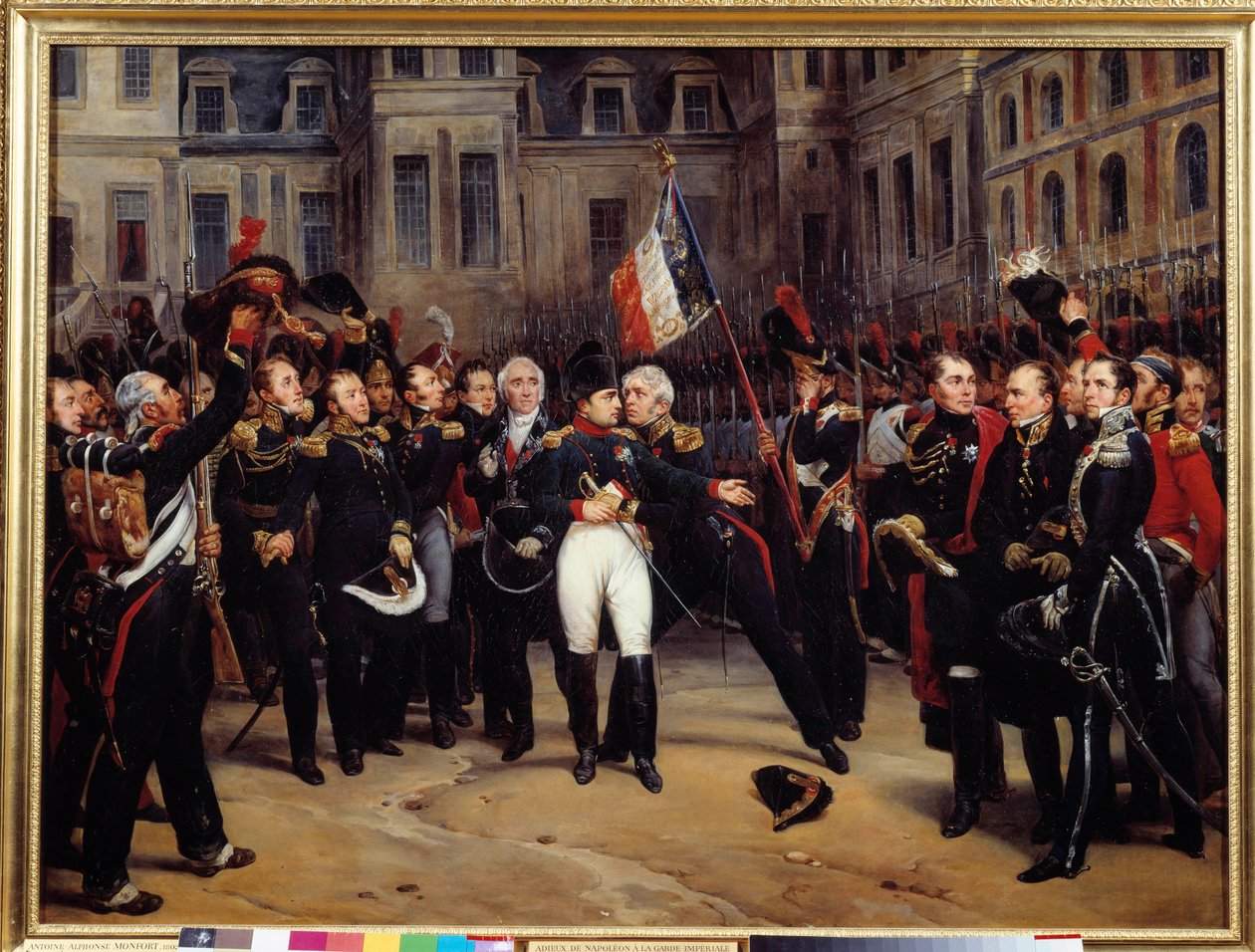 1814. lemondás - „” Bonaparte Napóleon (1769-1821) búcsúja a császári őrségtől a fontainebleau-i Cheval Blanc udvarában 1814.04.20.” Antoine Montfort festménye (1802-1884) V. 19. század. 0,98x1,3 m alkotó: Antoine Alphonse Montfort