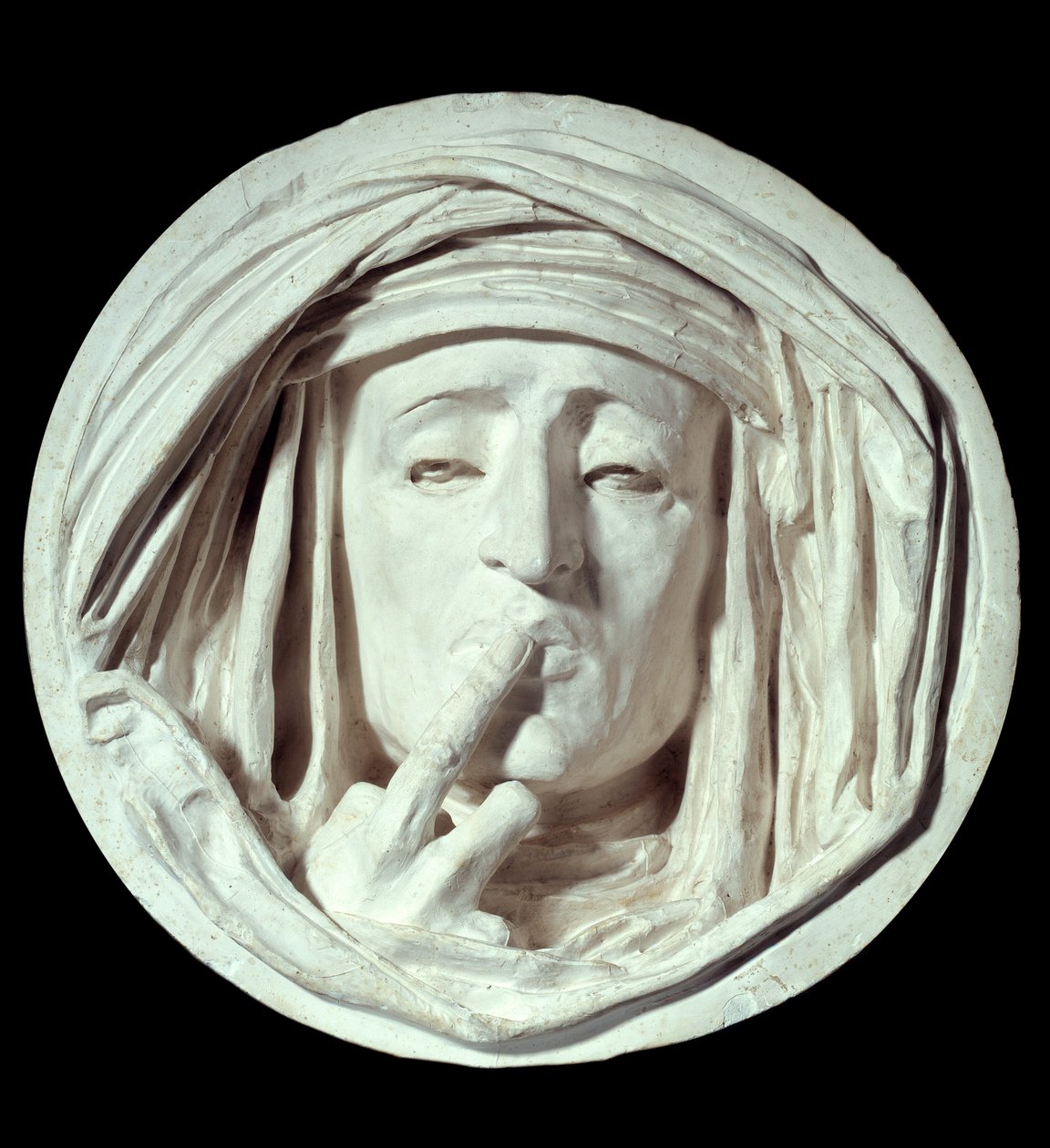 Csend Egy férfi szimbolikus gesztusa, aki ujját a szájára teszi. Auguste Preault (1809-1879) gipszszobra 19. századi Párizs, Louvre Múzeum alkotó: Antoine Augustin Preault