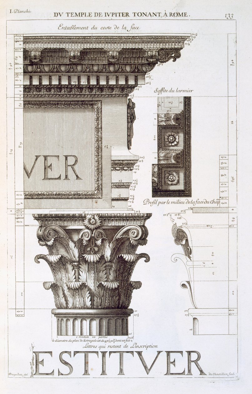 A Jupiter Tonans (A mennydörgő) templom antableratúrája, fővárosa és felirata a „Les Edifices Antiques de Rome”-ból, 1682 alkotó: Antoine Babuty Desgodets