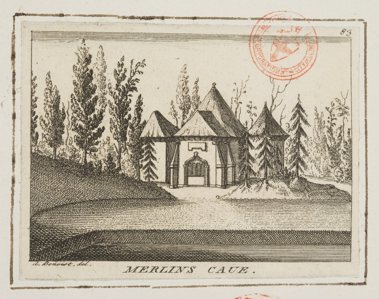 Kilátás a Merlin-barlangra, Kew Gardens, illusztráció a londoni Lysons Environsból, 1750 körül (metszet) alkotó: Antoine Benoist