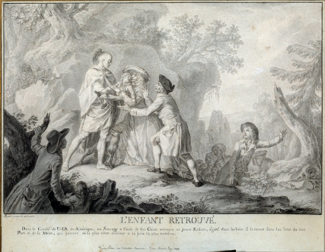 A gyermek megtalálja Saint John de Crevecoeur „Egy amerikai farmer levelei” című illusztrációját. Antoine Borel (1743-1810) litográfiája 1783 kb. Blerancourt. Musee Franco amerikai alkotó: Antoine Borel