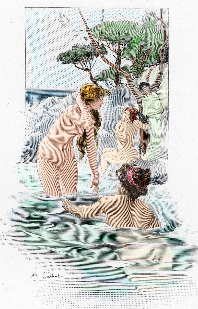 Homere-i Odüsszeus: „Nausicaa, Alcinous király lánya és szolgálóleányai, akik ruháikat mossák a folyóban” Antoine Calbet (1860-1944) illusztrációja Homérosz görög költő „The Odüsszeusához” (Homérosz Odüsszeája) 1897 Magángyűjtemény alkotó: Antoine Calbet