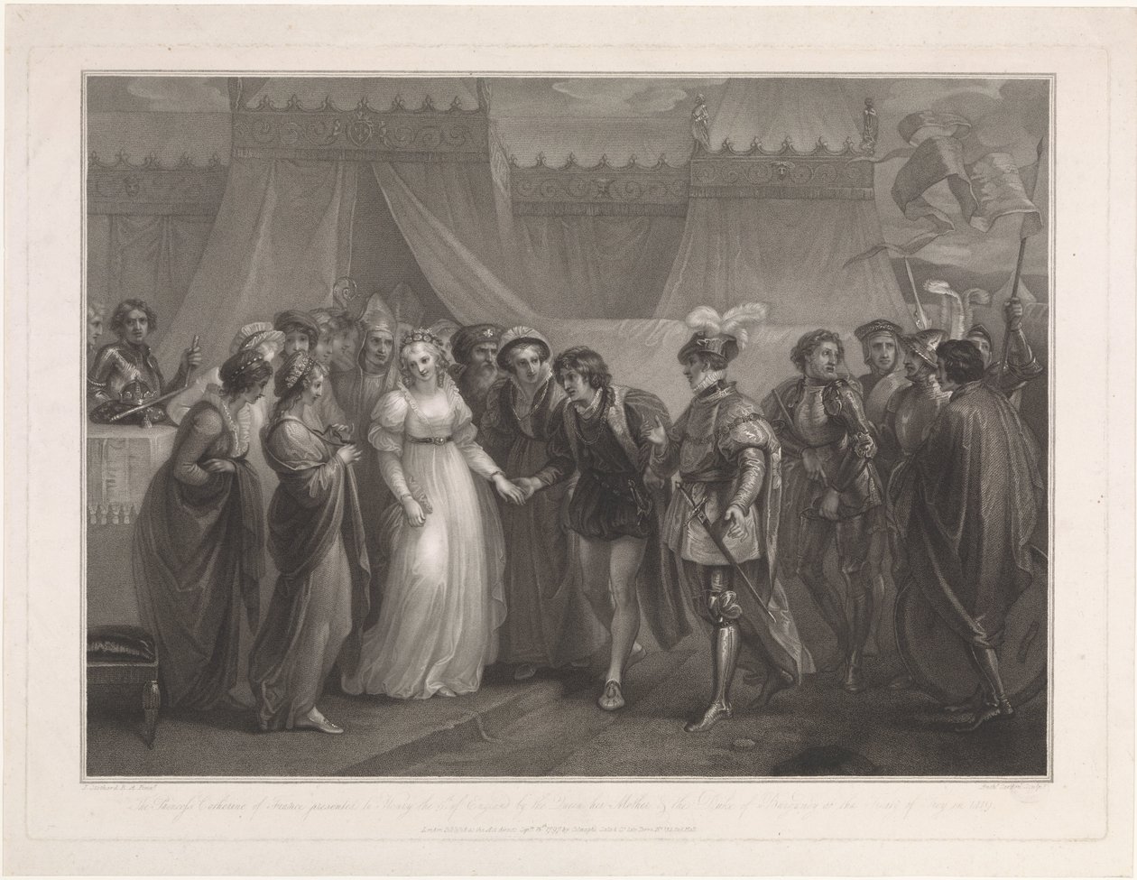 Catherine van Valois és koning Hendrik V van Engeland Katalin francia hercegnő átadta Henriknek 5. Angliát (...) (cím a tárgyon) alkotó: Antoine Cardon