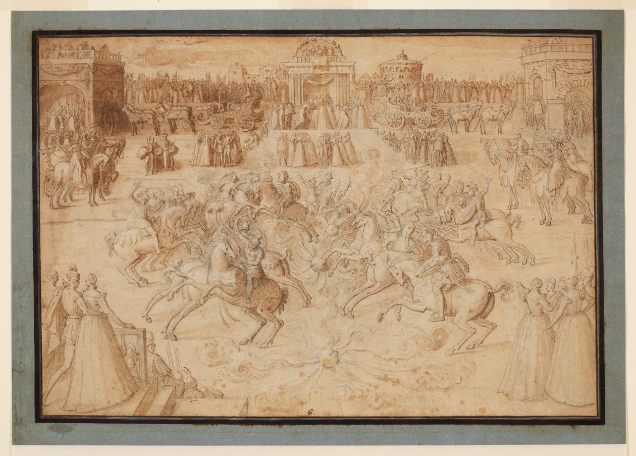 Lovas játék tűzijátékok között tornázó lovasokkal, 1575-1580 körül alkotó: Antoine Caron