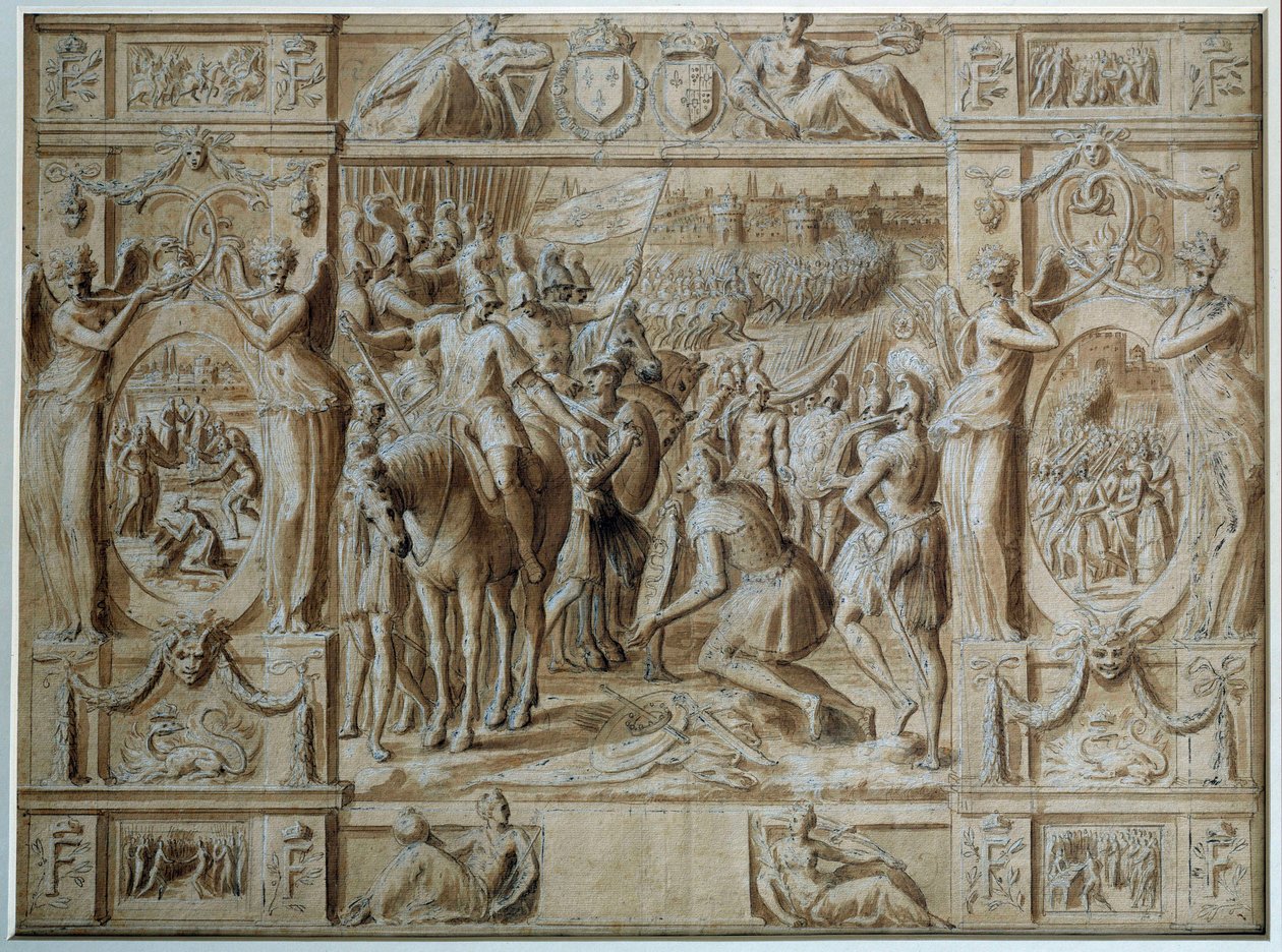 Milánó behódolása I. Francois csapatai az 1515-ös marignani csatában aratott győzelem után bevették Milánó városát. Antoine Caron (1521-1599) rajza tollal és mosdóval 16. századi Párizs, Louvre Múzeum alkotó: Antoine Caron
