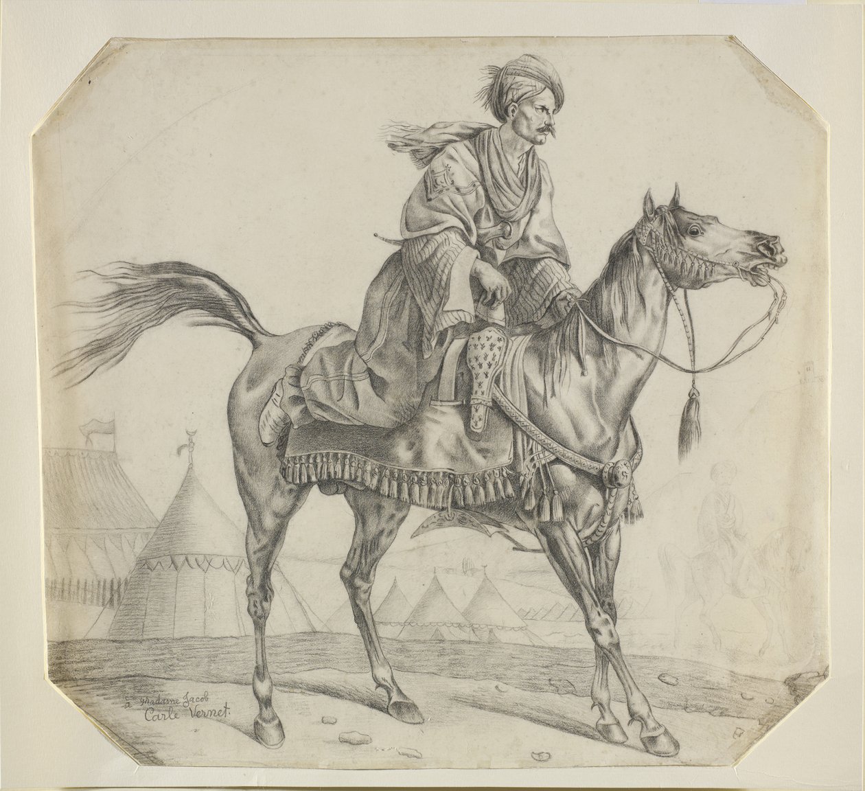 Egy mameluk a lovára ülve (fekete kréta papíron) alkotó: Antoine Charles Horace Vernet