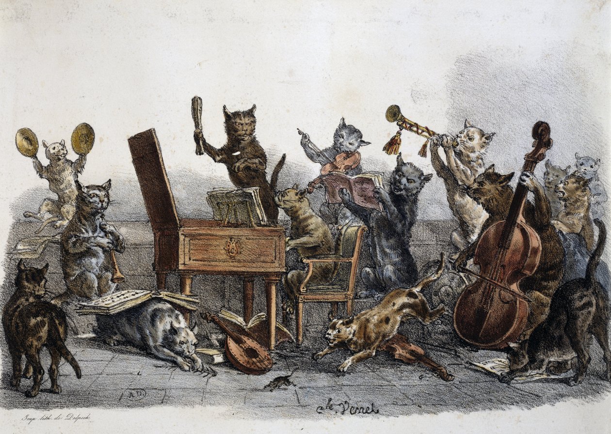 Amatőr koncert, hangszeren játszó macskák karikatúrája, Carle Vernet (1758-1836), francia metszet alkotó: Antoine Charles Horace Vernet