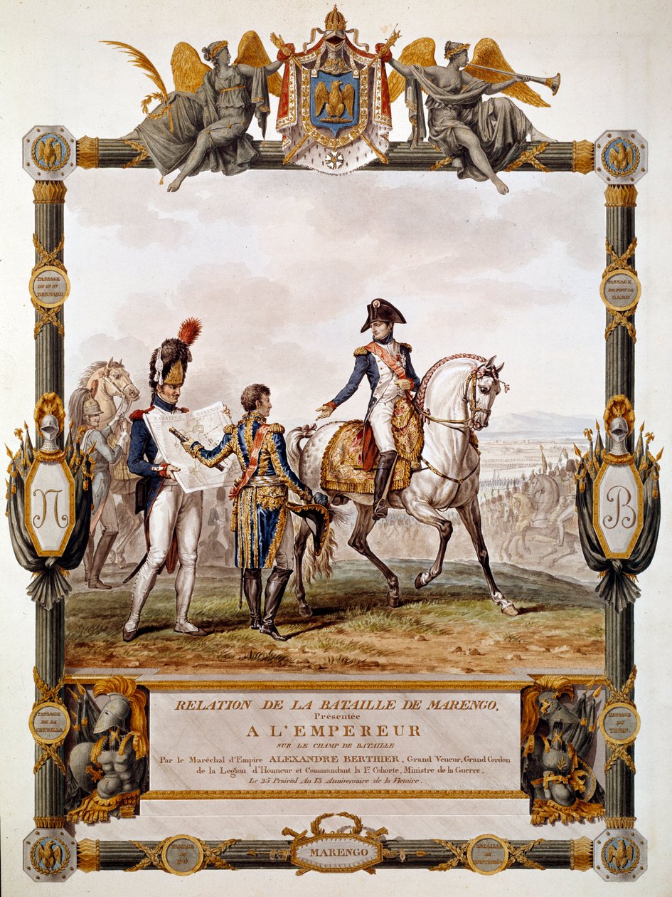 Az 1800. június 14-i marengói csata viszonyának homlokzata: Marechal Berthier bemutatja az I. Napóleon harci stratégiáját. Antoine Dit, Carle Vernet (1758-1836) illusztrációja alkotó: Antoine Charles Horace Vernet