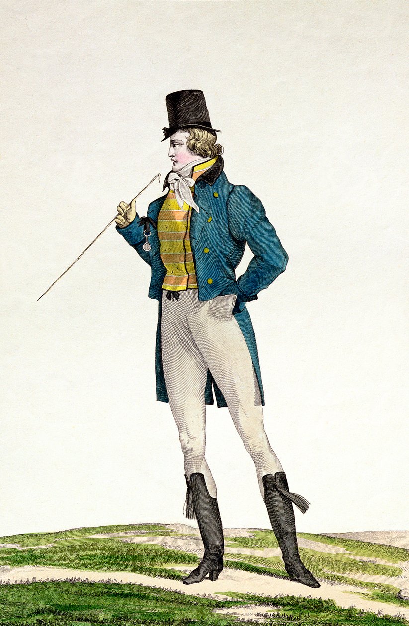 Dandy Robinson kalapban, gyermeki fürtökkel, kötött nadrággal és lovaglócsizmával, az Incroyable et merveilleuse divattányér-sorozat 5. táblája, Georges Jacques Gatine (1773-1831) metszetével alkotó: Antoine Charles Horace Vernet