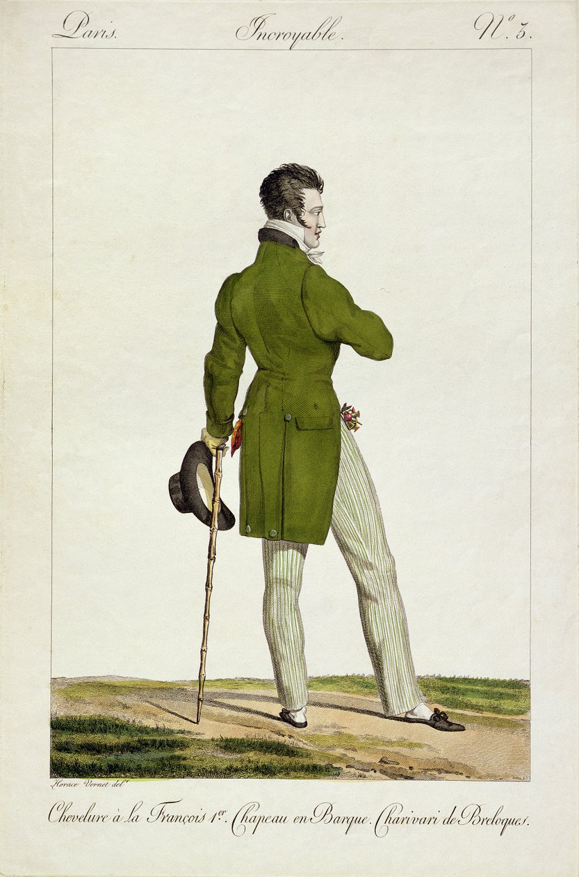 Egy Dandy „Francois I” frizurával, bűbájok és csecsebecsék gyűjteményével, az „Incroyable et merveilleuses” divattányér-sorozat 3. táblája, Georges Jacques Gatine (1773-1831) pub metszetével alkotó: Antoine Charles Horace Vernet