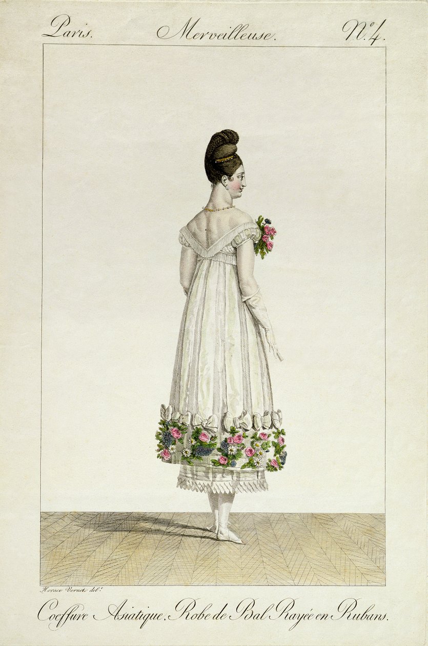 Ázsiai frizurájú hölgy szalaggal szegett gömbruhában, 4. tábla az „Incroyable et merveilleuse” divattányér-sorozatból, Georges Jacques Gatine (1773-1831) metszetével, megjelent 1 alkotó: Antoine Charles Horace Vernet