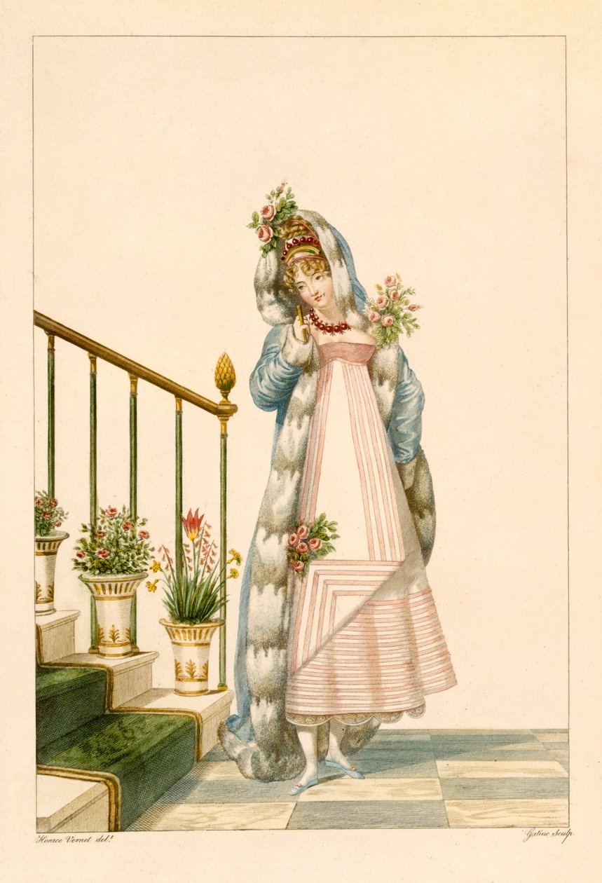 Ballgown hermelin szélű köpennyel, illusztráció az „Incroyables et Merveilleuses” című könyvből, 1801 alkotó: Antoine Charles Horace Vernet
