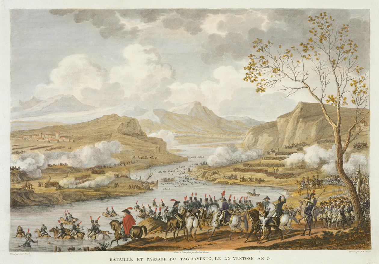 A tagliamentói csata és átkelés, Ventose 26., 5. év (1797. március), vésette: Jean Duplessi-Bertaux (1747-1819) (akvatinta) alkotó: Antoine Charles Horace Vernet
