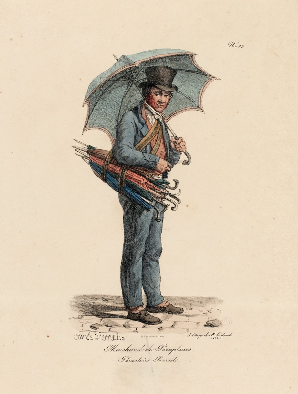 Az esernyő és napernyő eladó, 23. szám A Párizs kiáltásai sorozatból, metszett: Francois Seraphin Delpech (1778-1825) alkotó: Antoine Charles Horace Vernet