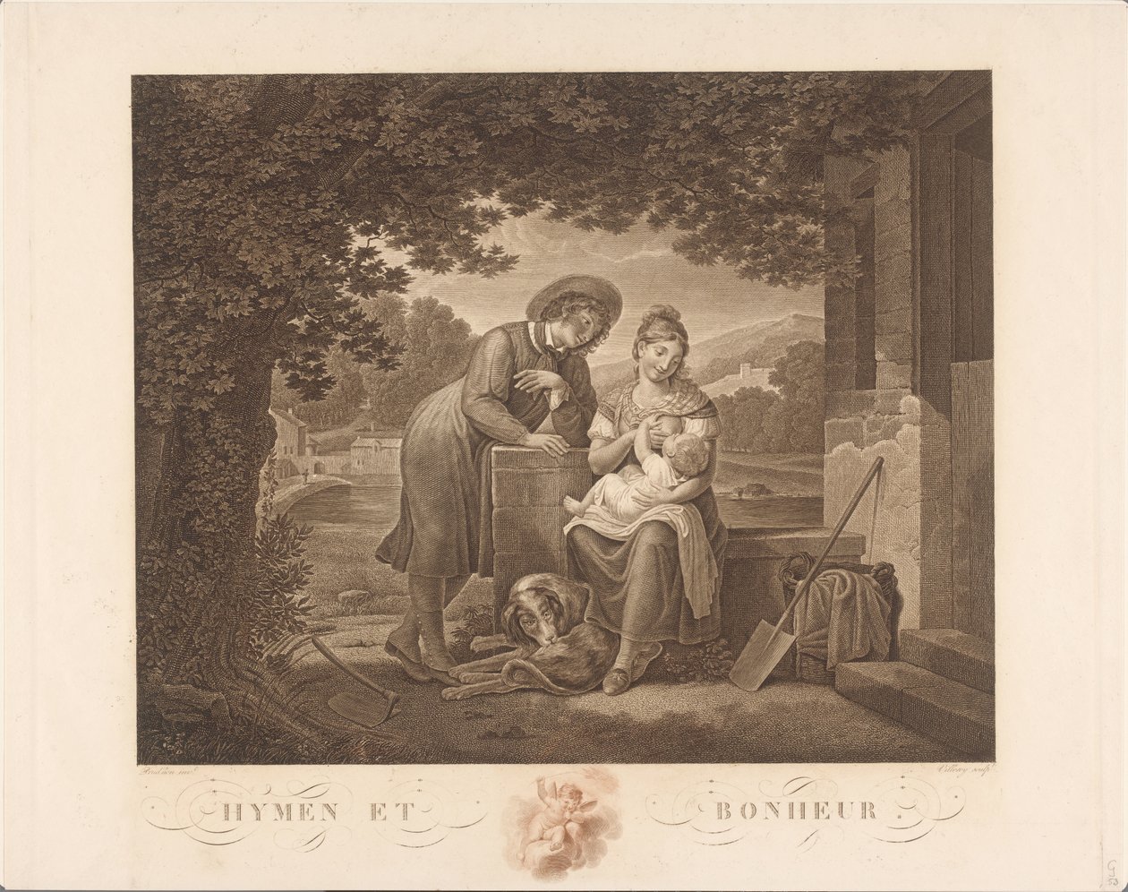 Fiatal család kutyával Hymen et Bonheur (cím a tárgyon) alkotó: Antoine Claude François Villerey