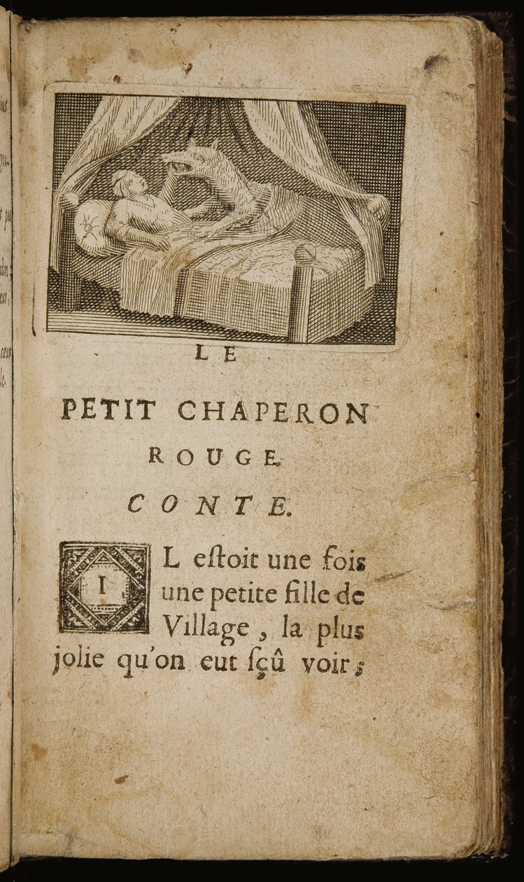 "The Tale Red Riding Hood", oldal a "Stories or Tales of the Past. With Moralites" (Múlt történetei vagy meséi. Moralitákkal) című cikkéből, Charles Perrault, Párizs: Claude Barbin, 1697 alkotó: Antoine Clouzier