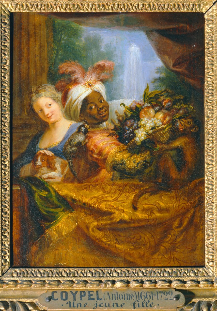Fiatal fekete lány kezében gyümölcskosár és fiatal lány simogat egy kutyát - Jeune noir tenant une corbeille de fruits et jeune fille caressant un chien ... alkotó: Antoine Coypel