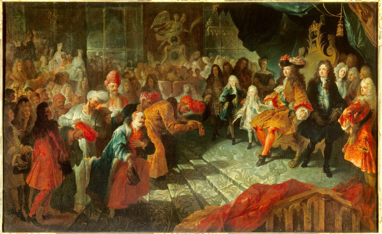 XIV. Lajos király (1638-1715) 1715.02.19-én fogadja Perzsia rendkívüli nagykövetét, Mehemet Reza béget (Raza-Bey) a versailles-i jégkrém galériájában. Antoine Coypel (1661-1722) Sun festménye. 0,7x1,5 m alkotó: Antoine Coypel