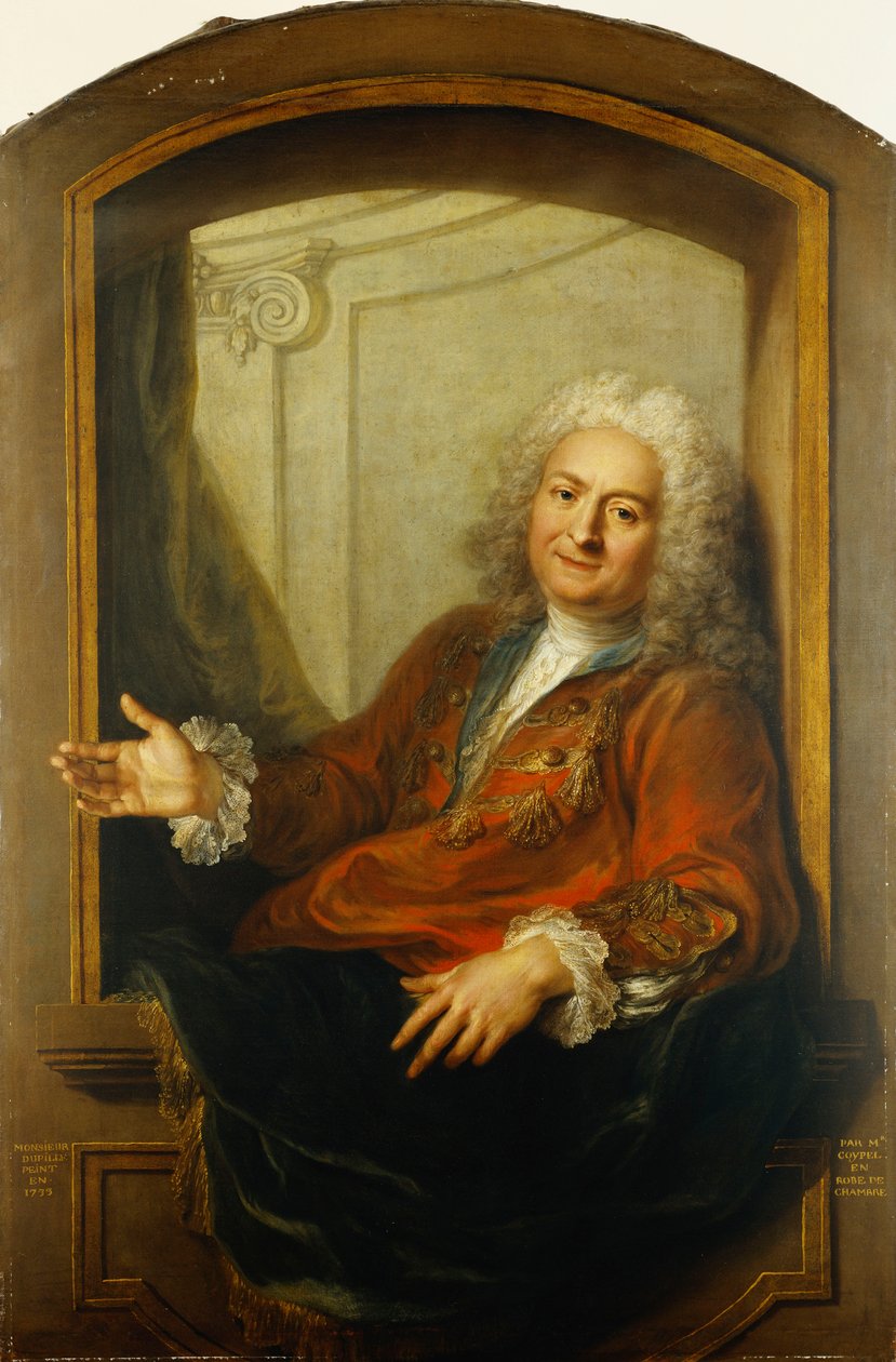 Monsieur Dupille portréja, testközépen, köntösben ül az ablak szélén, 1733 alkotó: Antoine Coypel