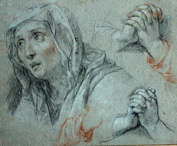 Tanulmányok a Szűz figurájához, 1700 körül (fekete-vörös kréta fehérrel kiemelve a papíron) alkotó: Antoine Coypel