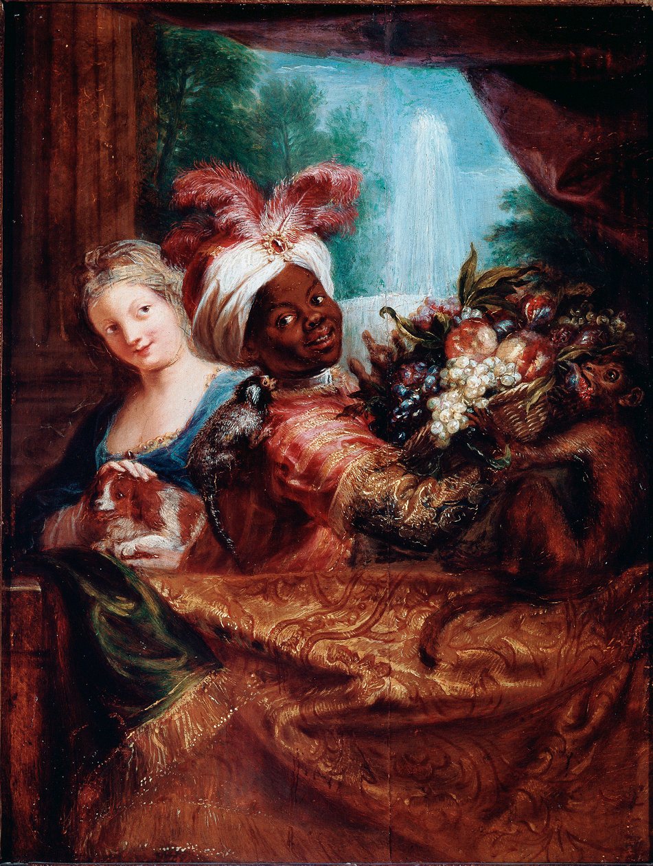 Fiatal lány simogatta a kutyát és fekete szolga bemutat egy kosár gyümölcsöt Egy kis majom fekszik a vállán. Antoine Coypel (1661-1722) festménye V. 28x21,5 cm Párizs, Musee du Louvre alkotó: Antoine Coypel