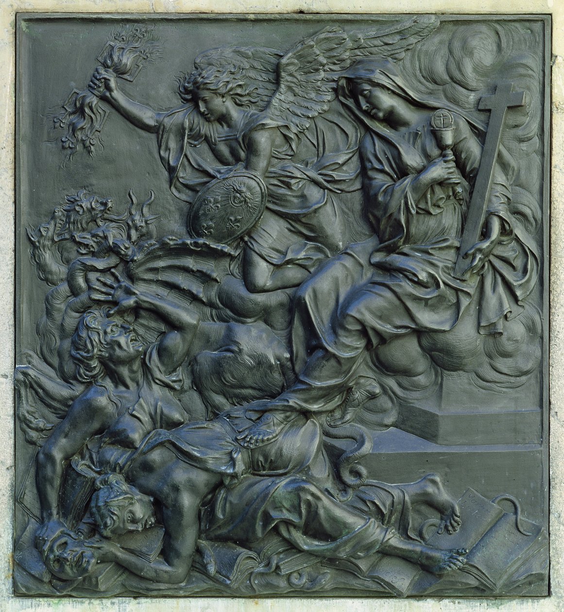 Az eretnekeket kiűző francia angyal, részlet XIV. Lajos szobrának talapzatáról, 1687 körül (bronz) alkotó: Antoine Coysevox