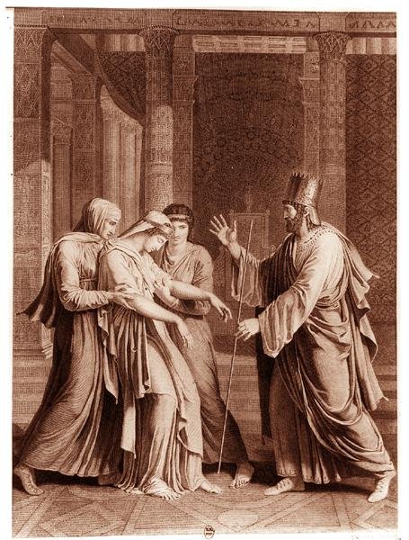Eszter Assuerus előtt, illusztráció Jean Racine (1639-99) Eszter című művéből, Mathieu metszete (metszet) (fekete-fehér fotó) alkotó: Antoine Denis (after) Chaudet