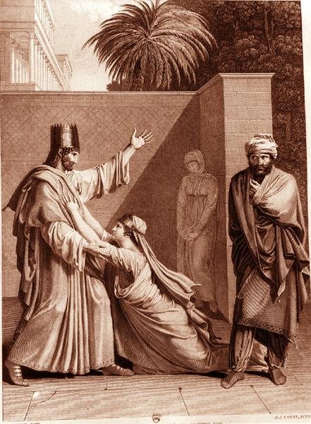 Esther Könyörög Assuerusnak Aman jelenlétében, illusztráció Jean Racine (1639-99) „Eszter” című művéből, J.J. Coiny (metszet) (f/w fotó) alkotó: Antoine Denis (after) Chaudet