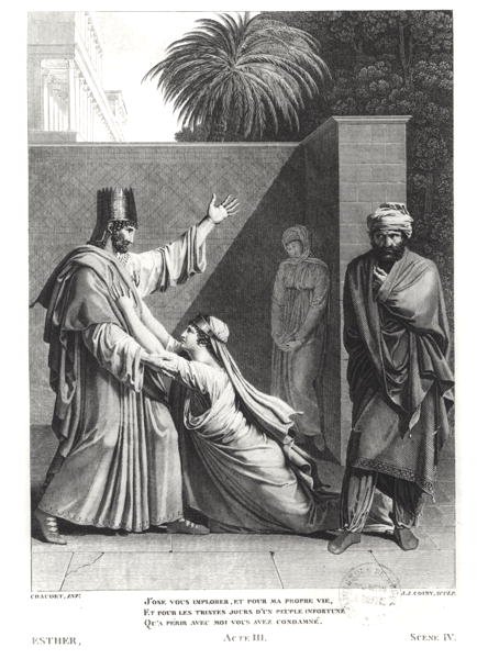 Esther Assuerust könyörögve Aman jelenlétében, Esther illusztrációja, Jean Racine (1639-99), metszett J.J. Coiny (1761-1809) alkotó: Antoine Denis Chaudet