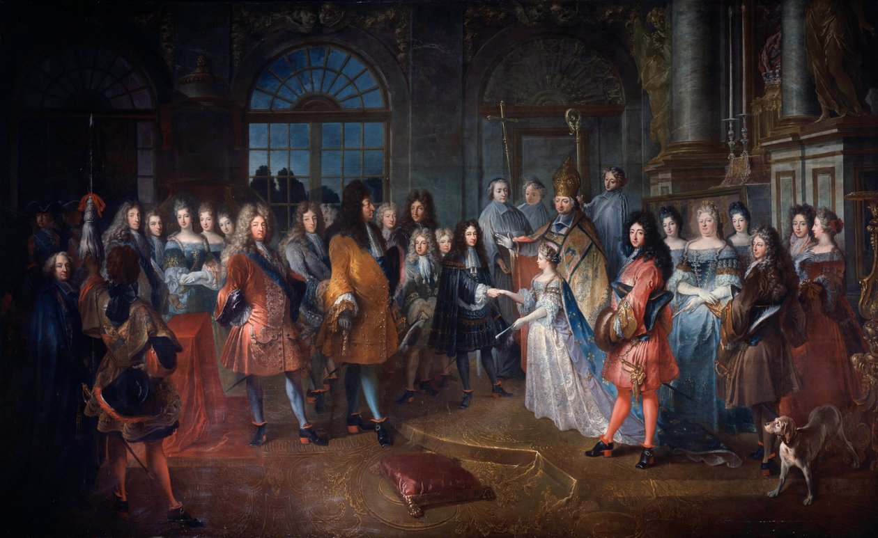 Louis de France burgundiai herceg és Marie Adelaide Savoyai házassága 1697.12.07. A szertartás XIV. Lajos király (1638-1715) jelenlétében zajlik a központban. A házas fiatalokat de Coislin bíboros áldja meg. Antoine Dieu festménye (166 alkotó: Antoine Dieu