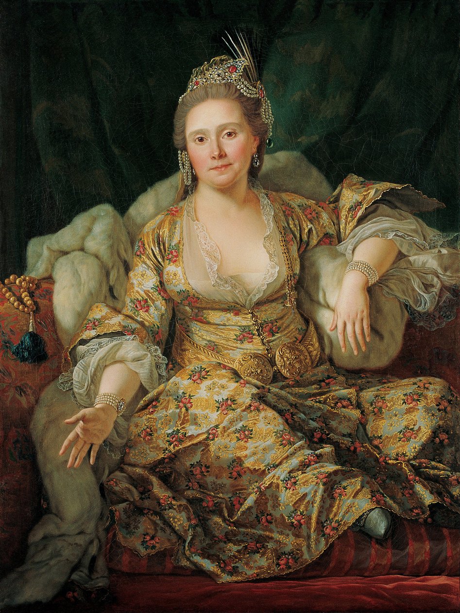 Annette Duvivier, Comtesse de Vergennes portréja keleti viseletben - Antoine de Favray (1706-1791) festménye, olaj, vászon (129x96 cm), 18. század második fele - Annette Duvivier, Comtesse de Vergennes portréja keleti nyelven Jelmez, Oh alkotó: Antoine Favray