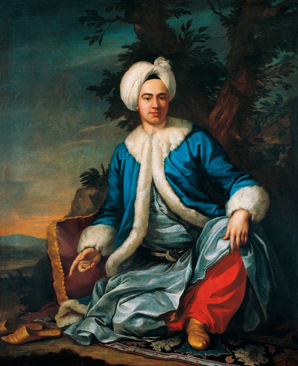 Európai portréja török ​​viseletben - Antoine de Favray (1706-1791) festménye, olaj, vászon (146x119 cm), 18. század második fele, francia művészet - Pera Múzeum, Isztambul (Törökország) alkotó: Antoine Favray