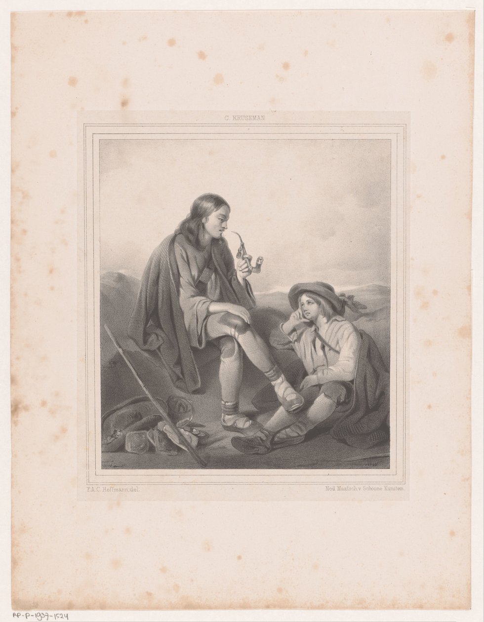 Pipe dohányzó férfi és fiú a táj alkotó: Antoine Franciscus Cornelis Hoffmann